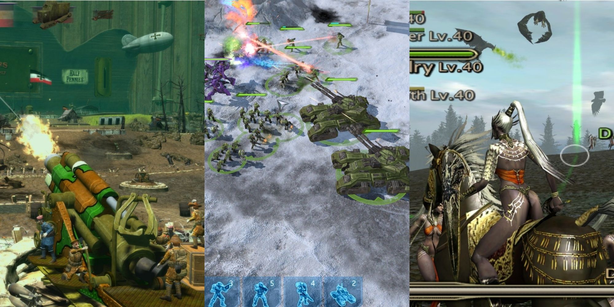A trisplit of toy soldiers firing a toy gun, the battlefield from Halo Wars and a hero from Kingdom Under Fire: Heroes