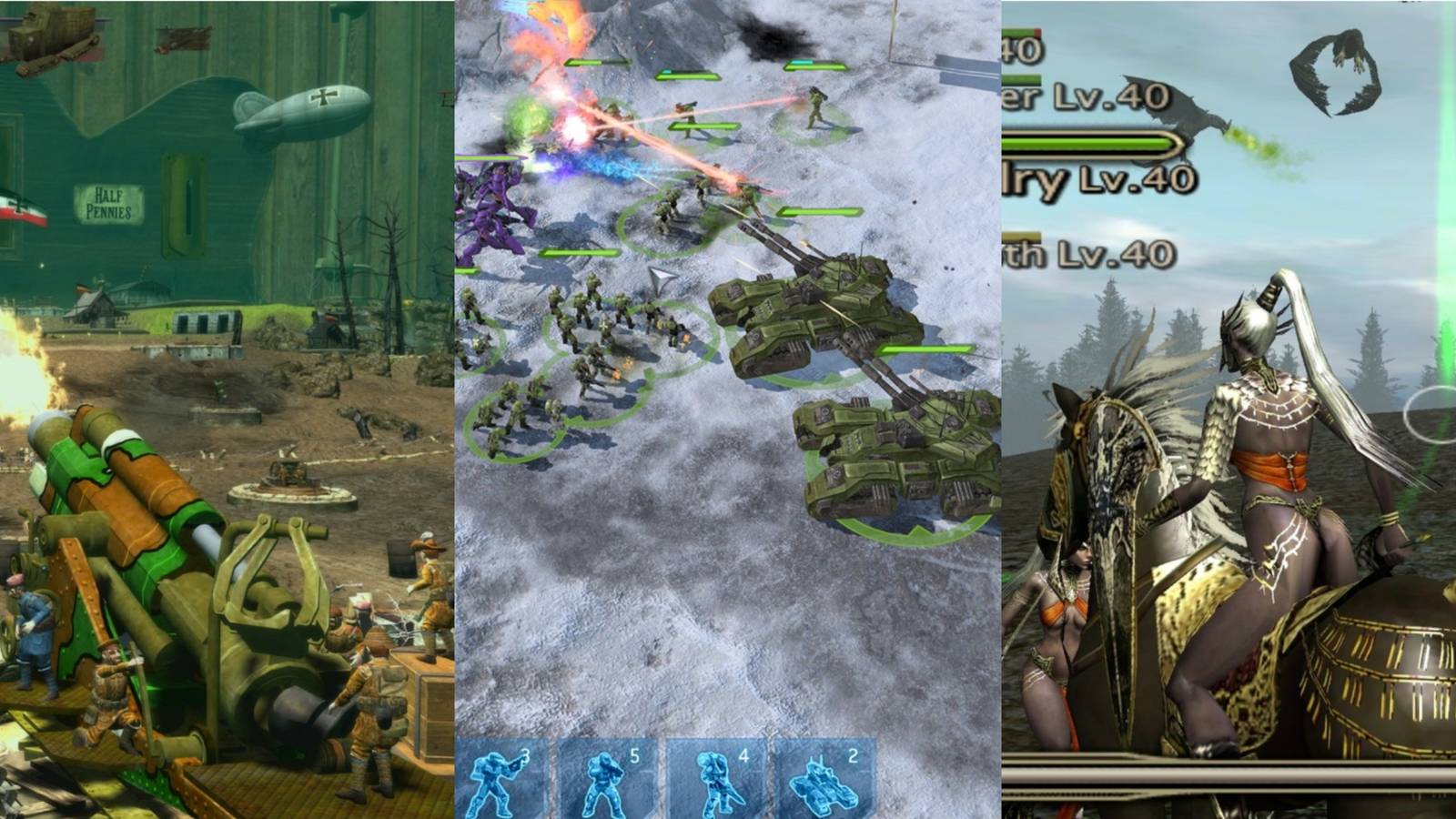 A trisplit of toy soldiers firing a toy gun, the battlefield from Halo Wars and a hero from Kingdom Under Fire: Heroes