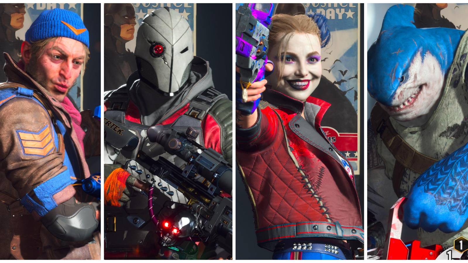 from left to right: captain boomerang, deadshot, harley quinn, king shark