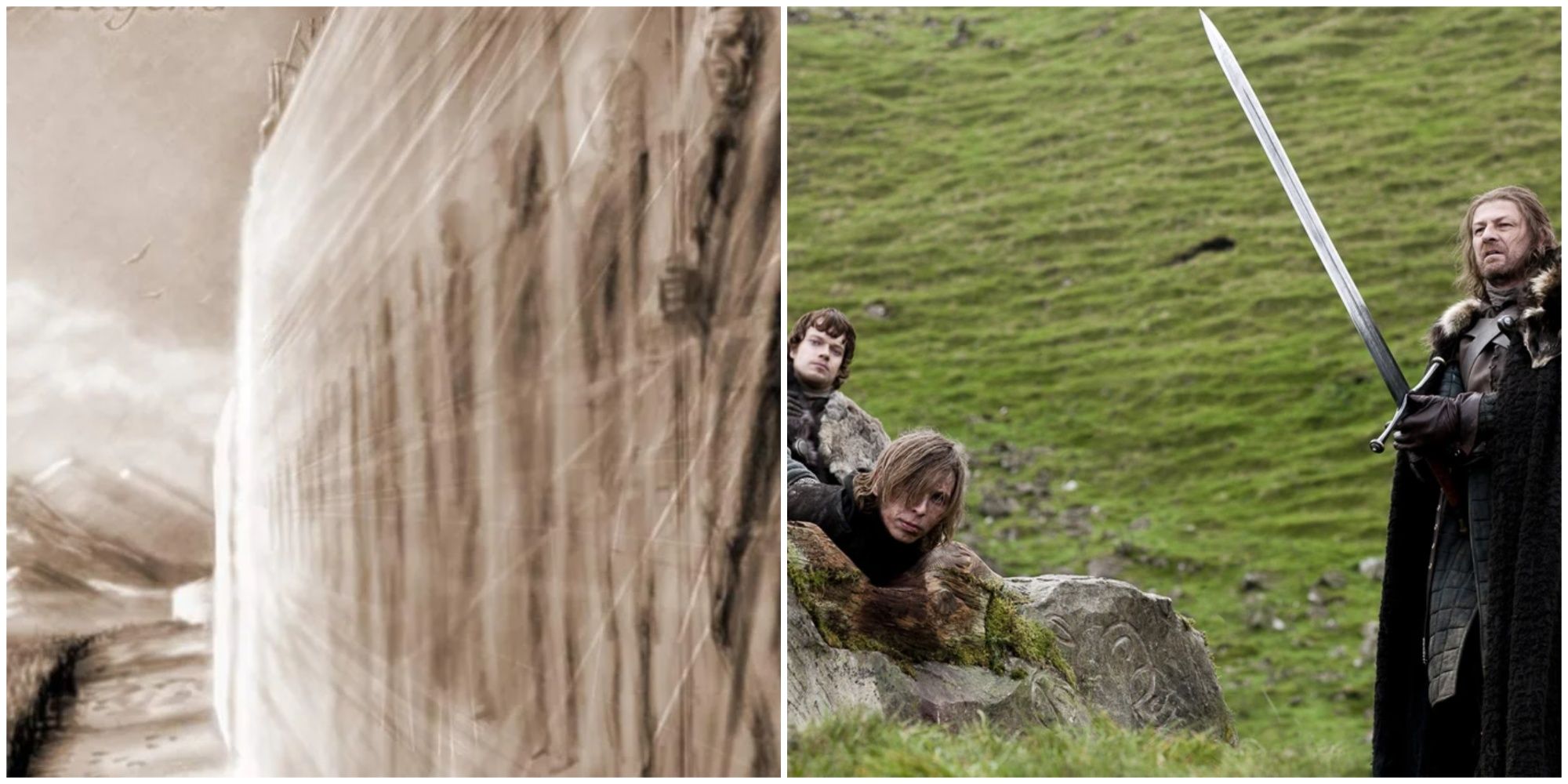 Split image of the Seventy-nine Sentinels' illustration on A Wiki of Ice and Fire and Ned Stark's Ice in Game of Thrones.