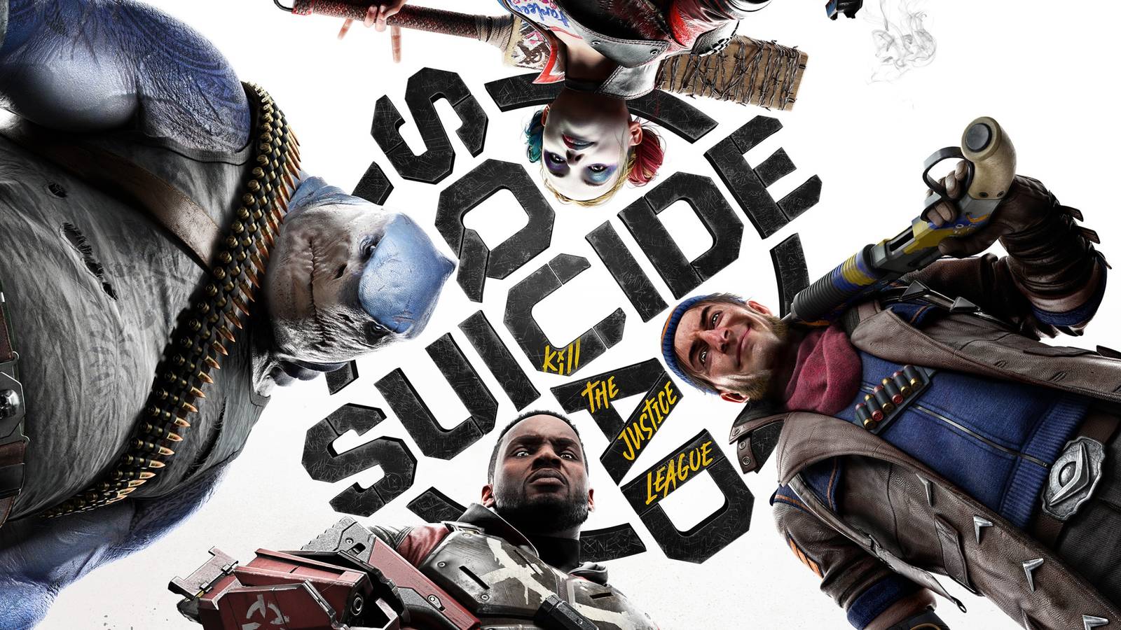 (clockwise) harley quinn, captain boomerang, deadshot, king shark, looking down