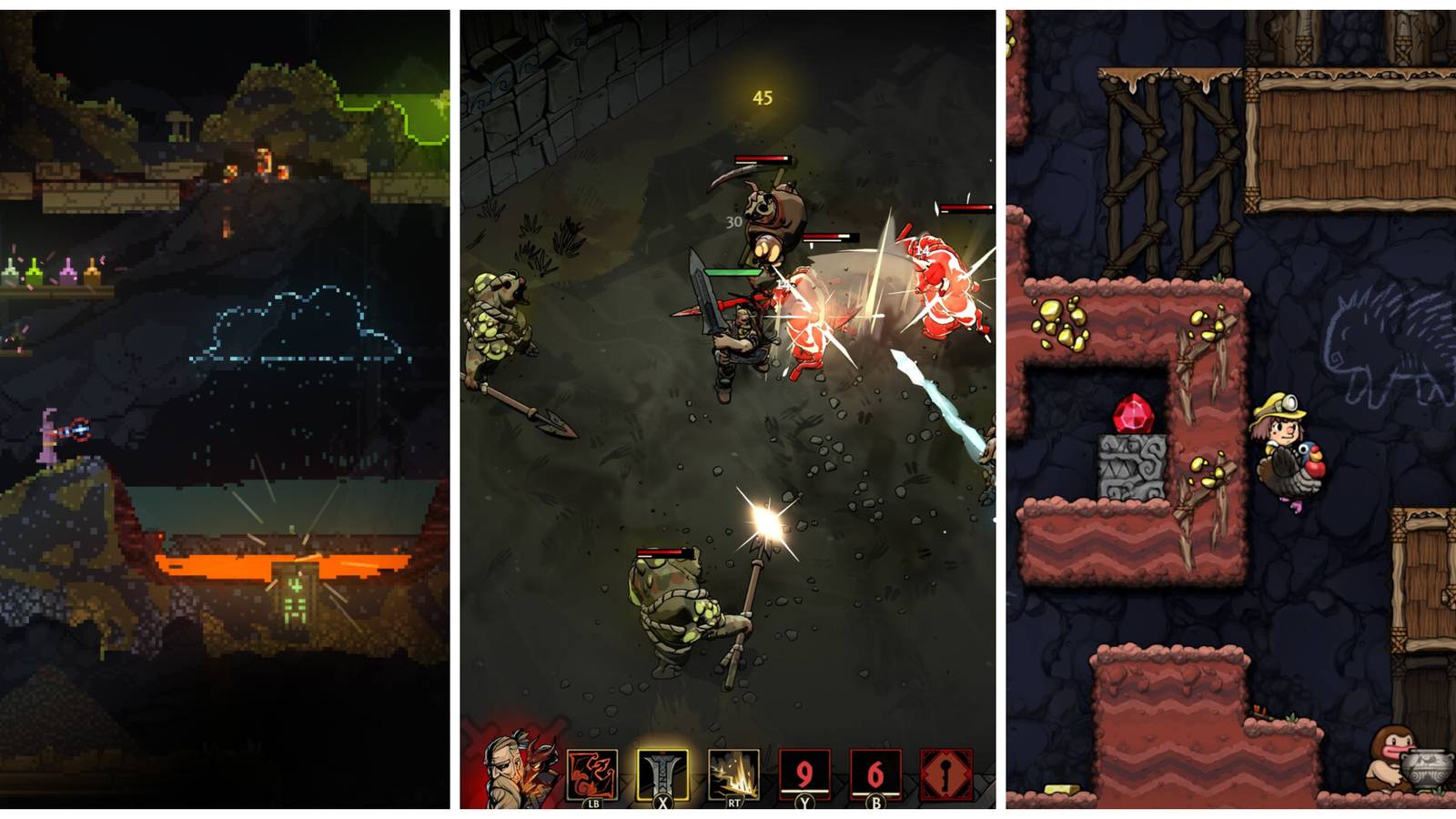 Hardest Roguelites (Featured Image) - Noita + Ravenswatch + Spelunky 2