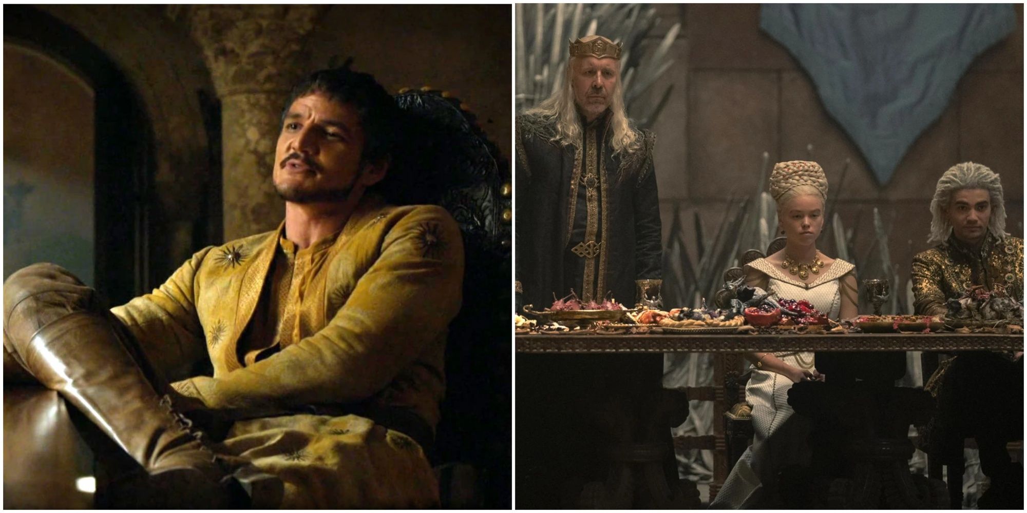 Split image of Pedro Pascal As Oberyn Martell in Game of Thrones and Viserys Rhaenyra and Laenor Velaryon House of the Dragon.