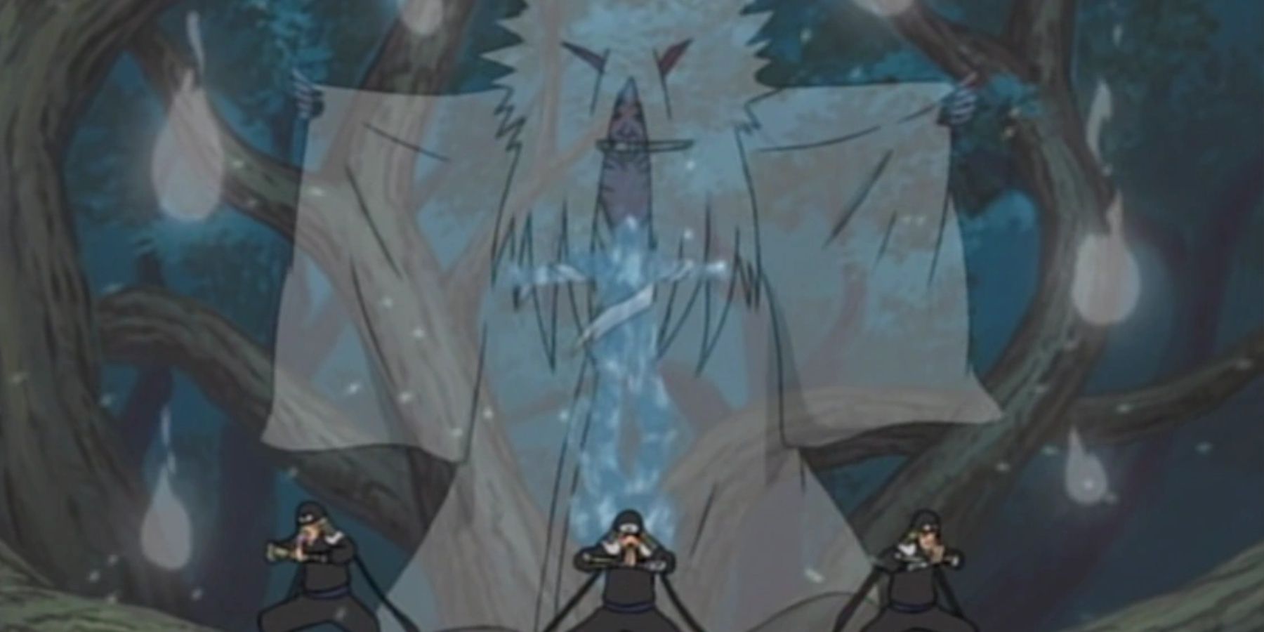 Le 3ème Hokage utilisant le Reaper Death Seal contre Orochimaru dans Naruto