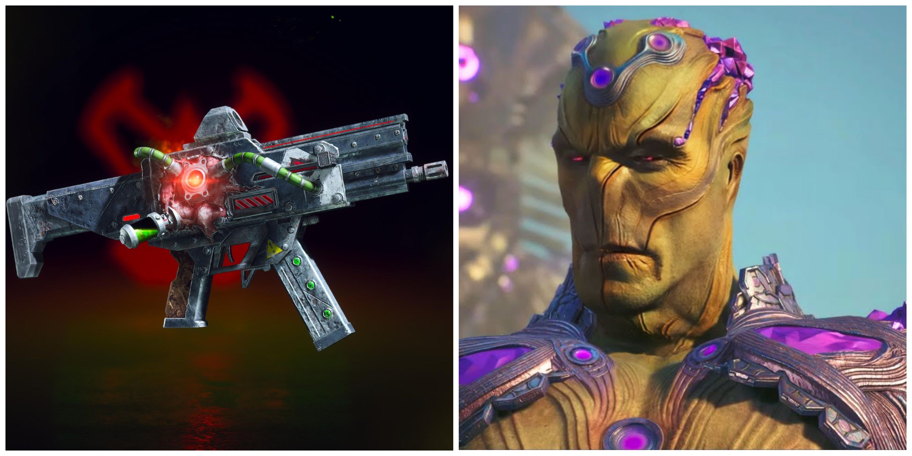 Bane infamy set SMG weapon, and brainiac giving a side eye in metropolis