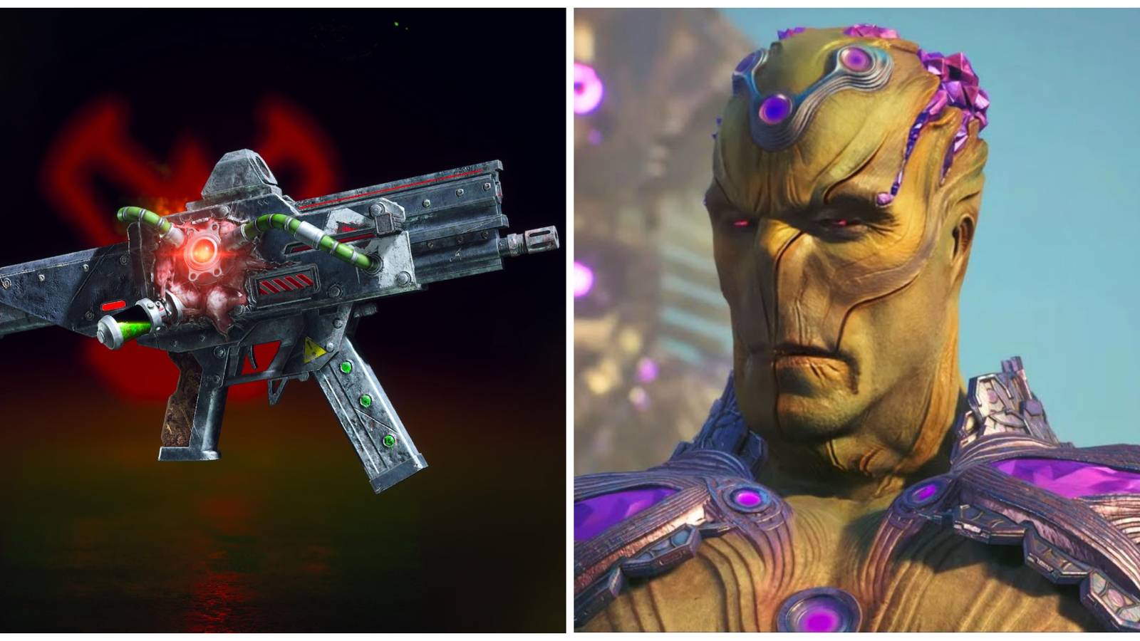 Bane infamy set SMG weapon, and brainiac giving a side eye in metropolis