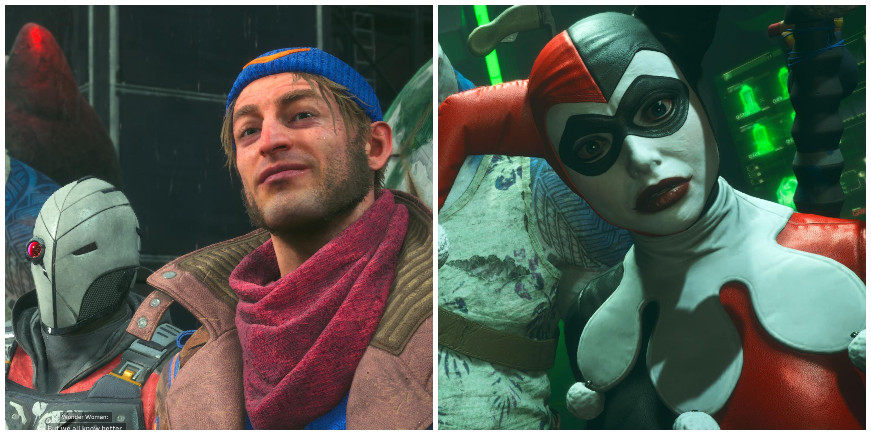 deadshot and captain boomerang looking impressed. Harley Quinn looking worried.