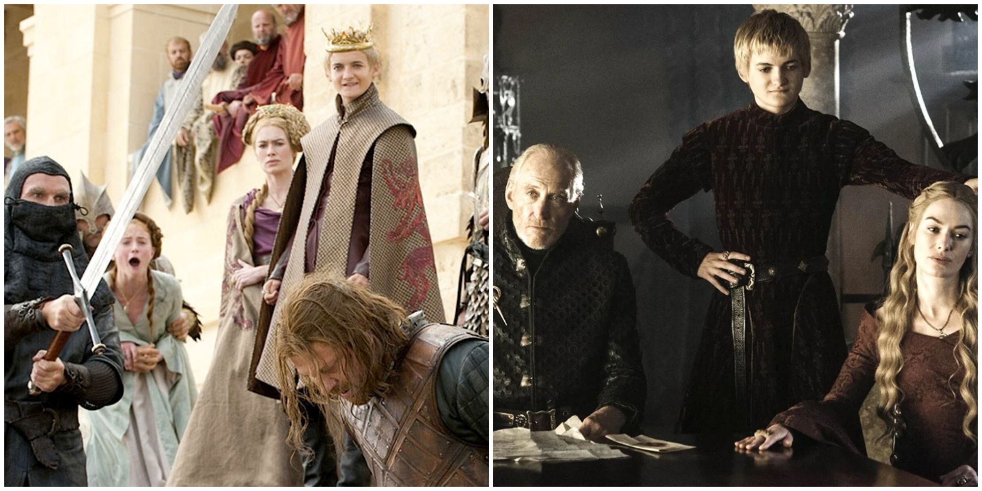 Split image of Ned Stark's beheading and Tywin Lannister Joffrey Baratheon and Cersei Lannister in Game of Thrones.