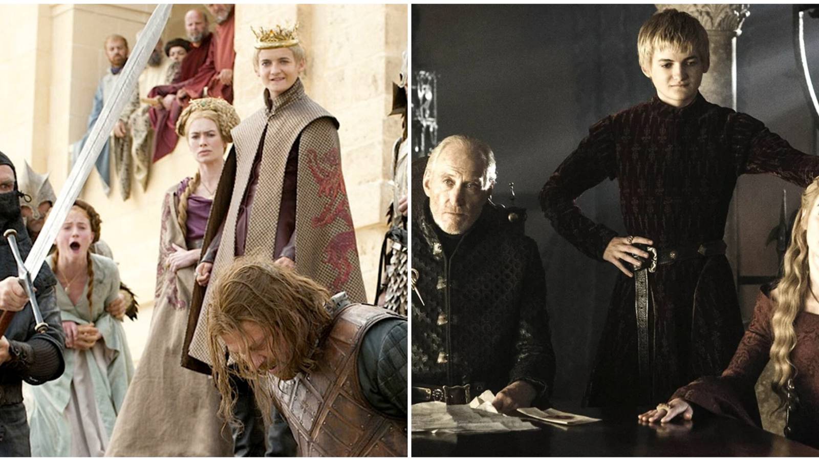 Split image of Ned Stark's beheading and Tywin Lannister Joffrey Baratheon and Cersei Lannister in Game of Thrones.