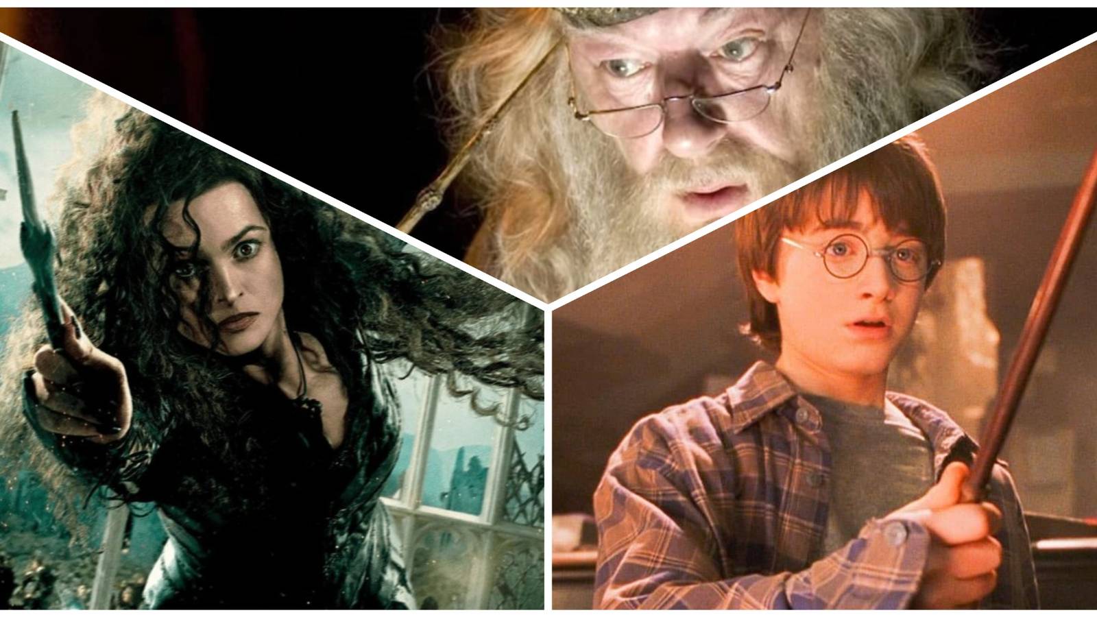 Bellatrix Lestrange, Harry Potter and Albus Dumbledore with their wands