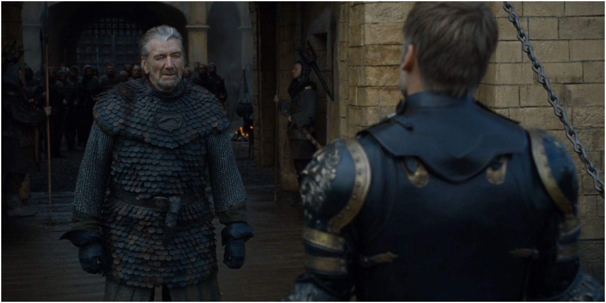 Brynden Tully and Jaime Lannister trade insults in Game of Thrones.