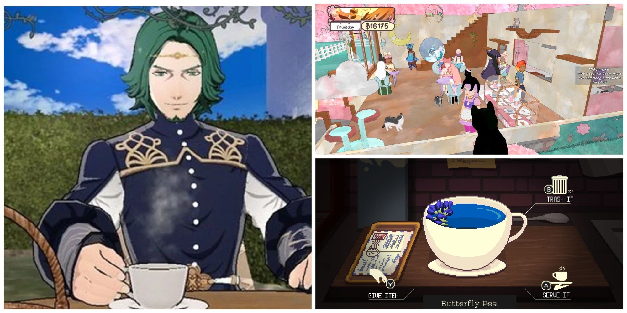 Left: Seteth from Fire Emblem: Three Houses. Top-right: A cat café from Calico. Bottom-Right: A cup of Butterfly Pea from Coffee Talk Episode 2: Hibiscus and Butterfly.