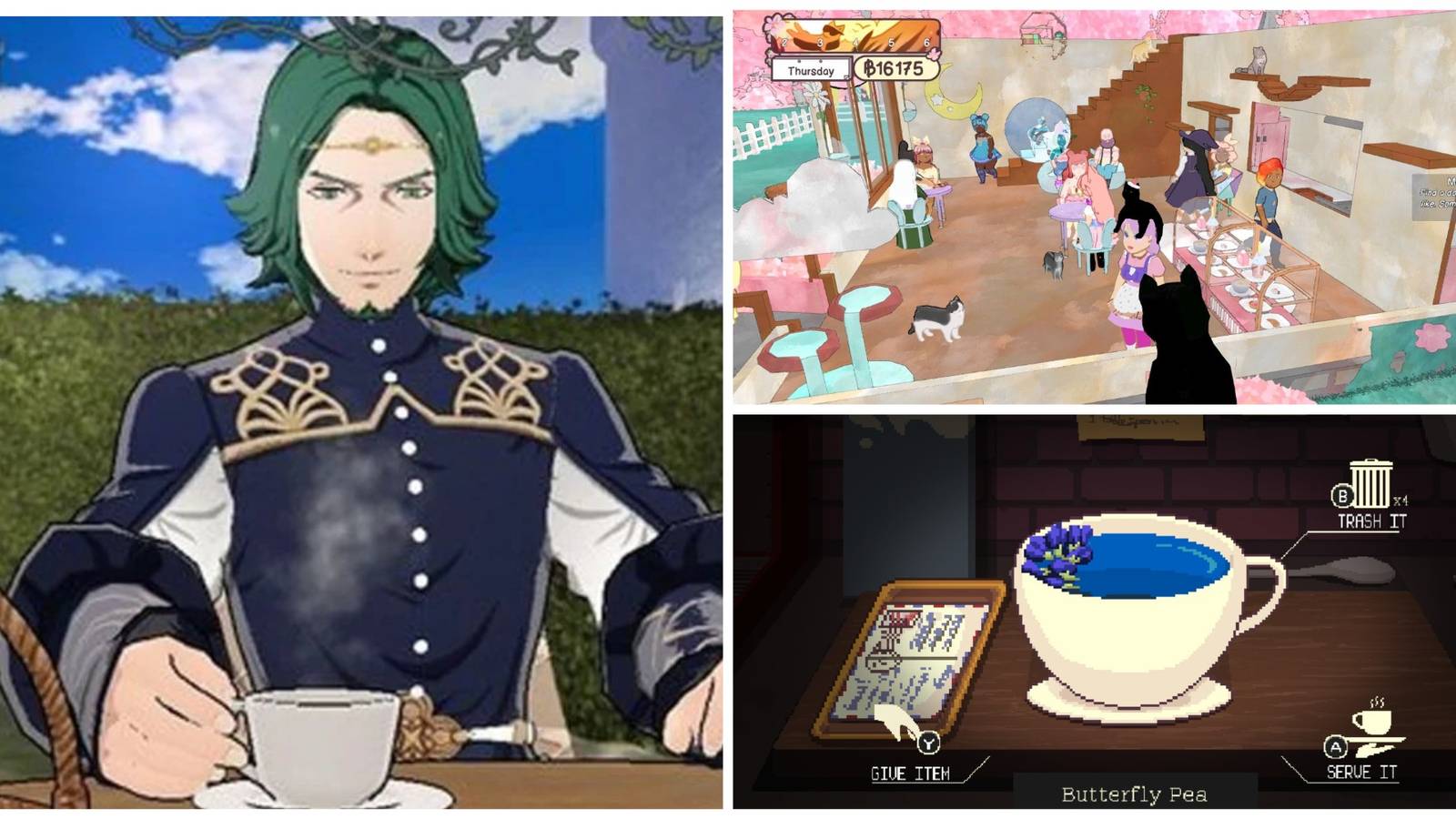 Left: Seteth from Fire Emblem: Three Houses. Top-right: A cat café from Calico. Bottom-Right: A cup of Butterfly Pea from Coffee Talk Episode 2: Hibiscus and Butterfly.