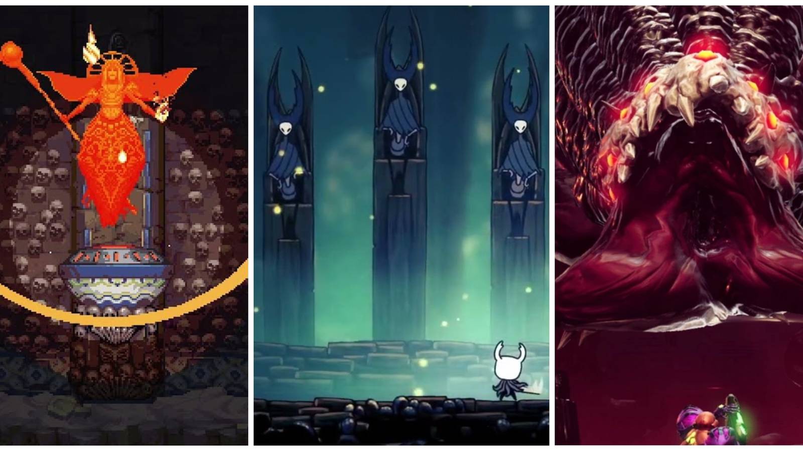 Best Metroidvania Boss Fights (Featured Image) - Blasphemous + Hollow Knight + Metroid Dread