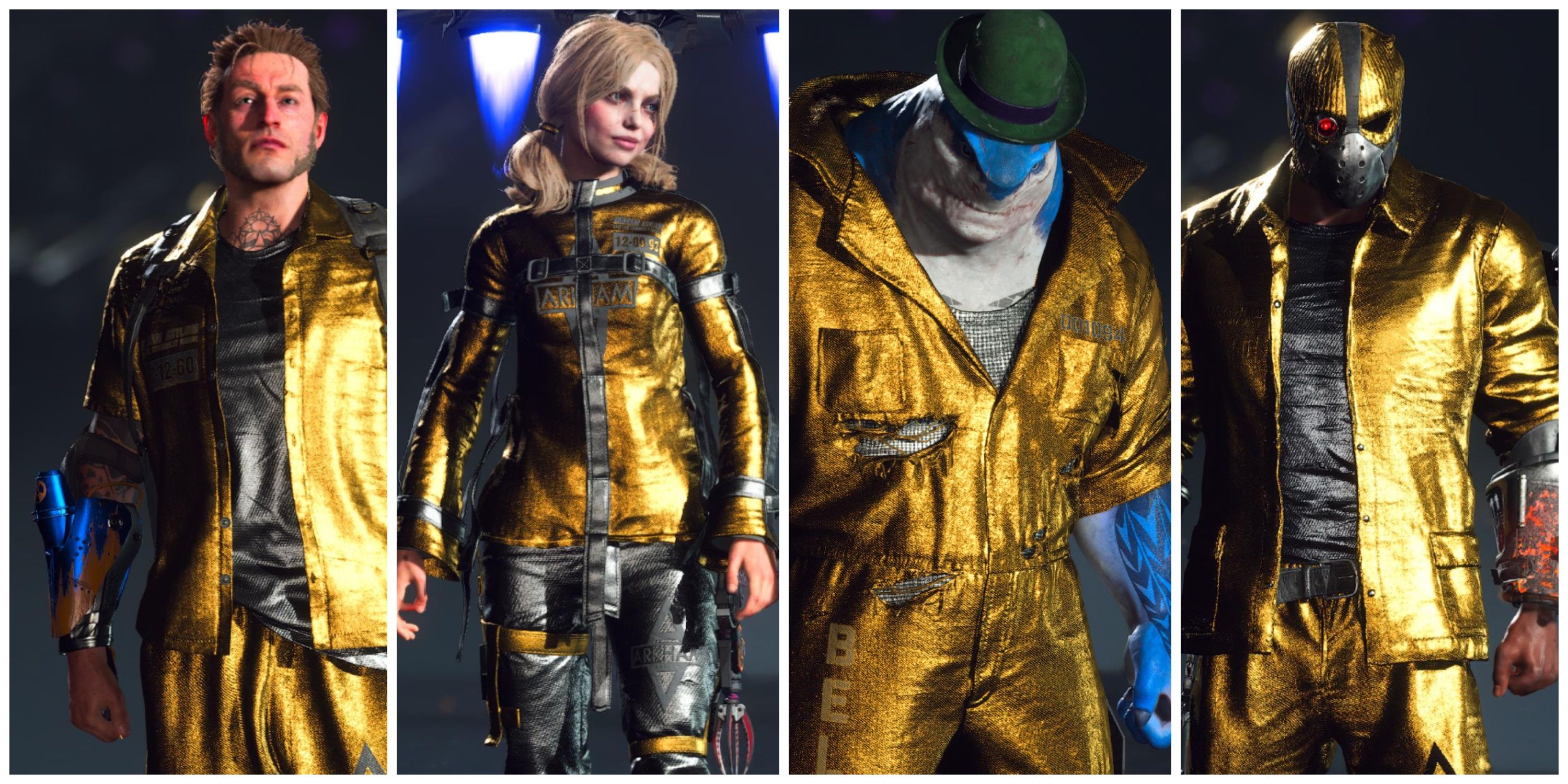 captain boomerang, harley quinn, king shark, deadshot, all in gold outfits