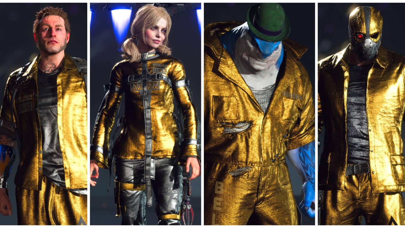 captain boomerang, harley quinn, king shark, deadshot, all in gold outfits