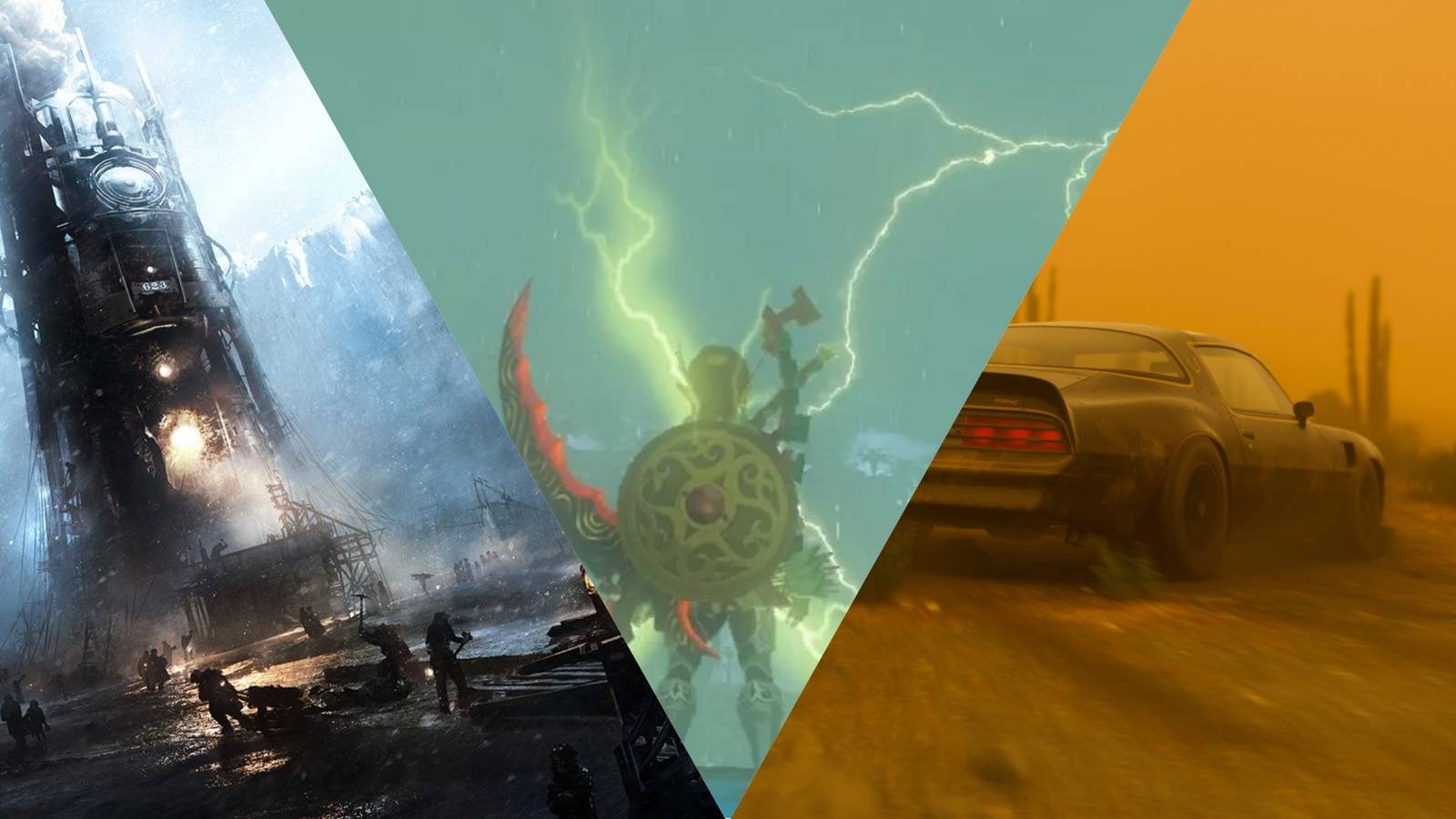 A generator in Frostpunk, Link stands in front of lightning, and Mad Max drives through a sandstorm