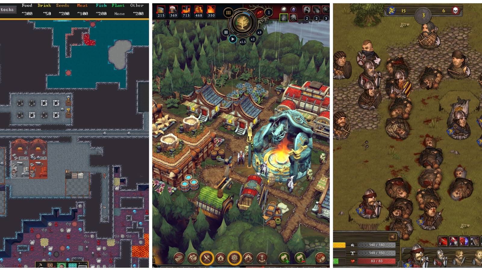 Best Fantasy Management Games (Featured Image) - Dwarf Fortress + Against The Storm + Battle Brothers