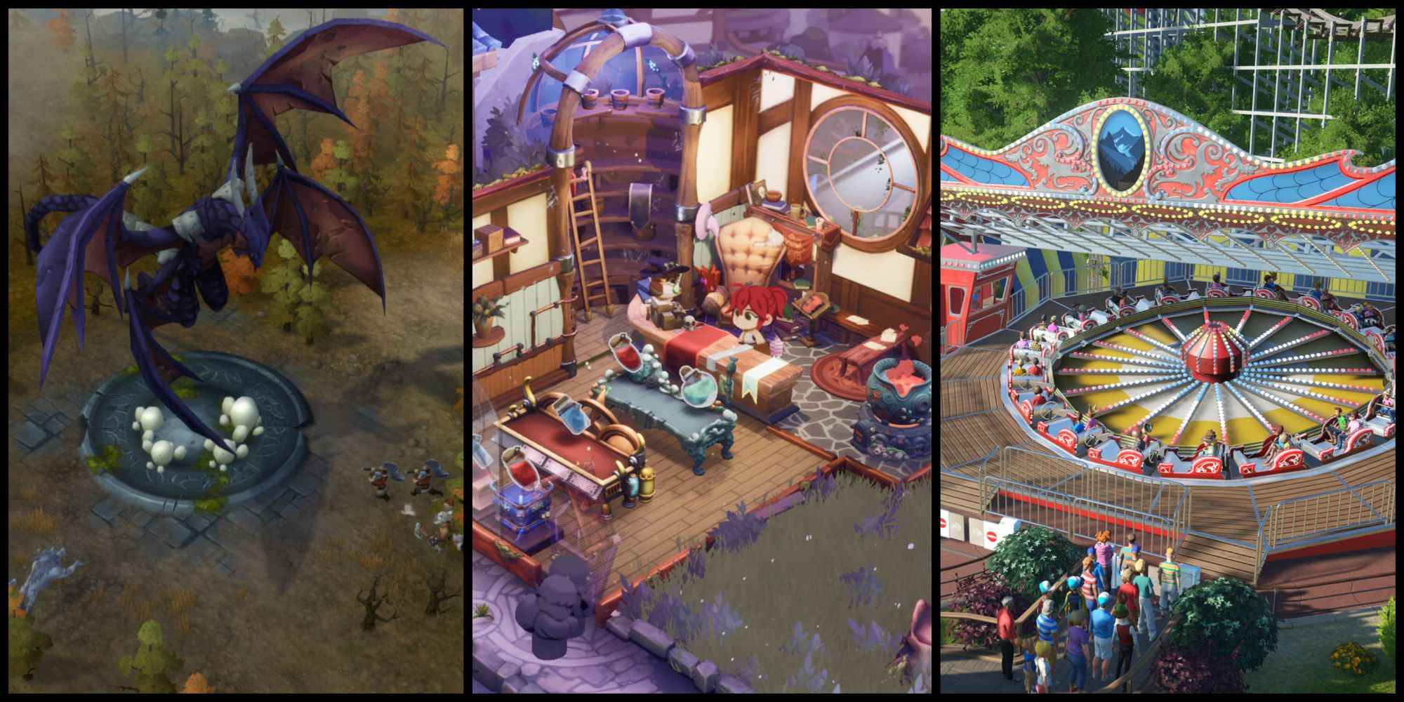 screenshots from Northgard, Potionomics, and Planet Coaster