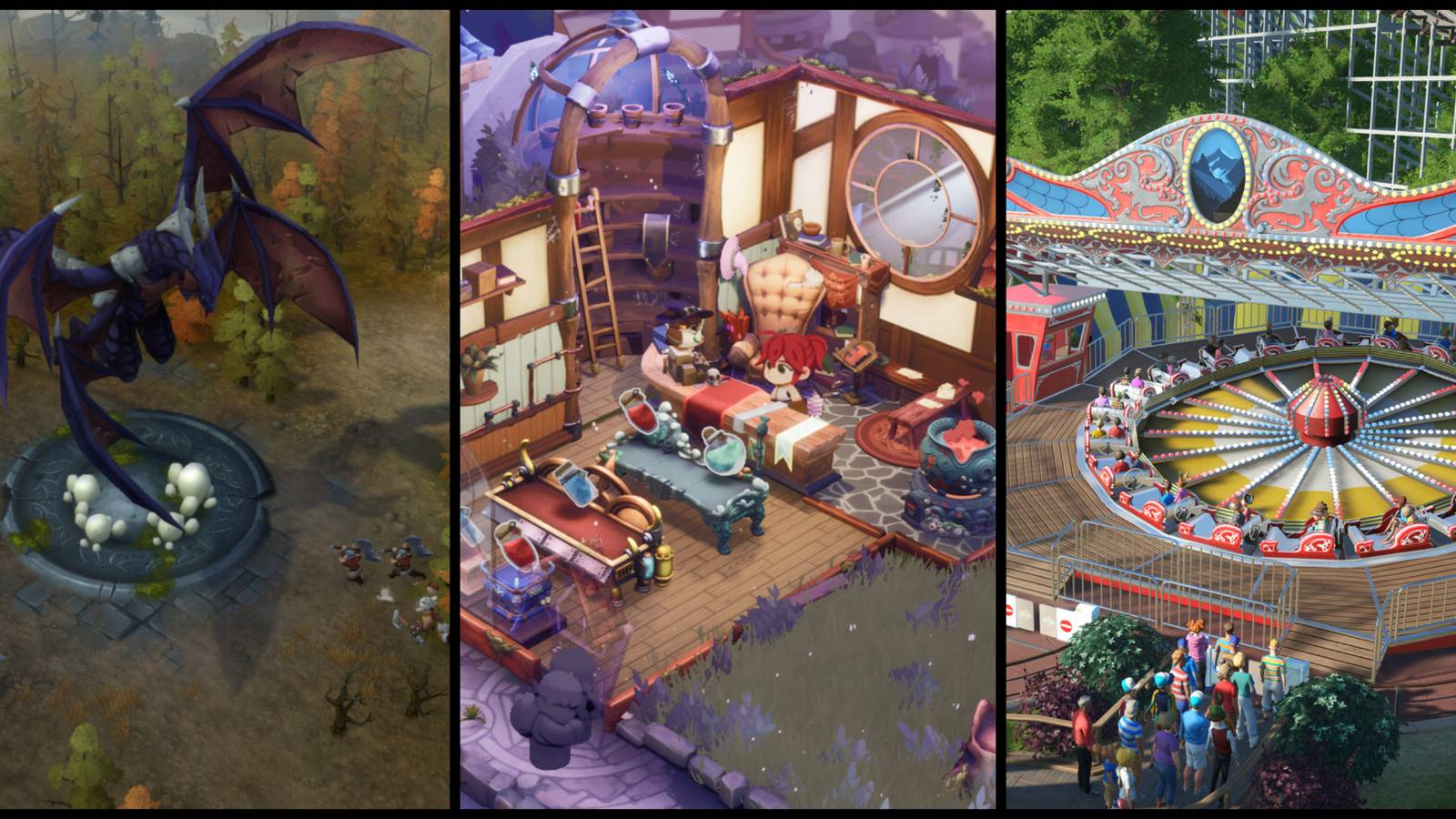 screenshots from Northgard, Potionomics, and Planet Coaster
