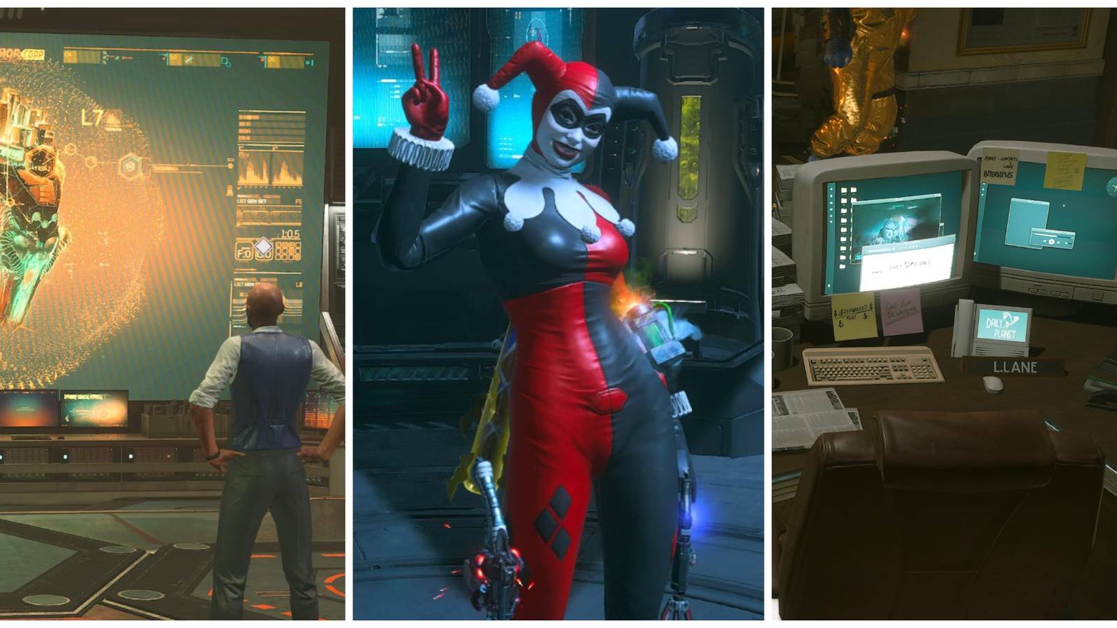 lex luthor watching a screen of brainiac's ship, harley quinn selfie pose, lois lane's daily planet desk