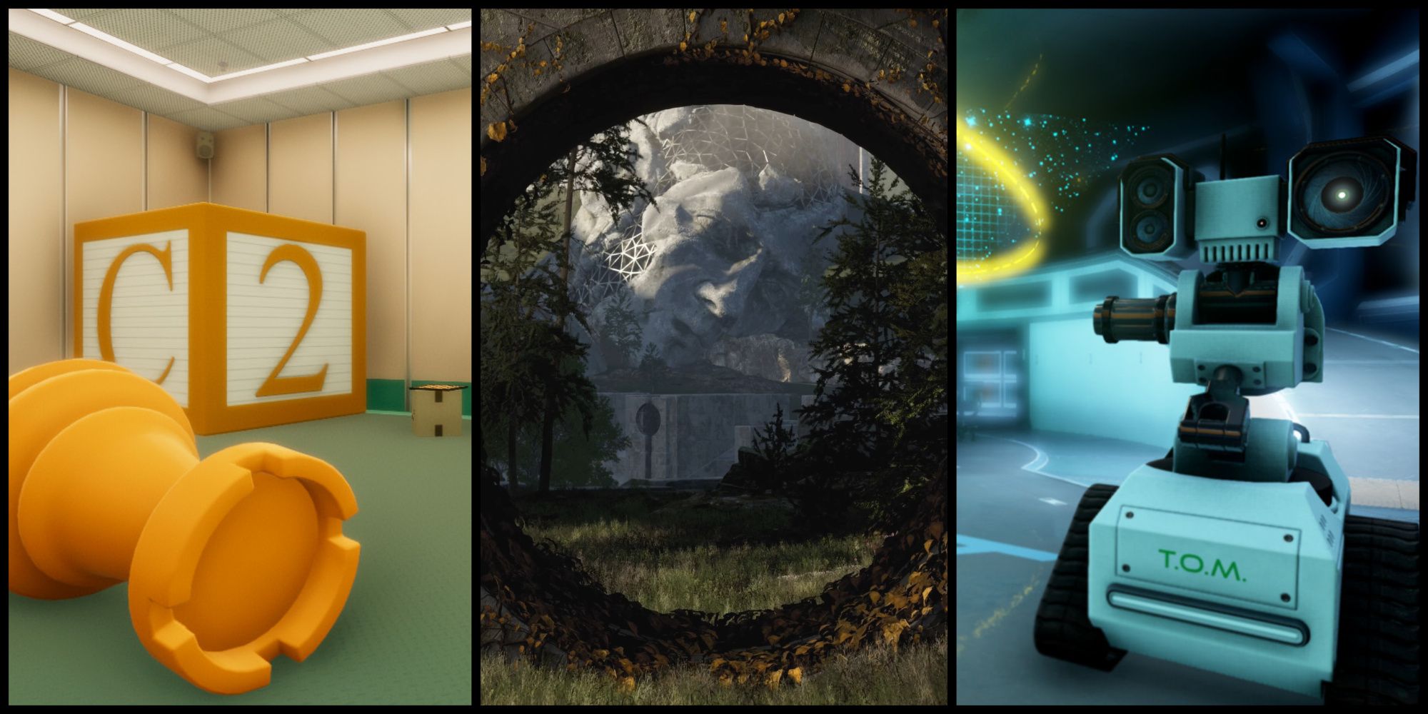 Pictures from Superliminal, The Talos Principle 2, and The Turing Test