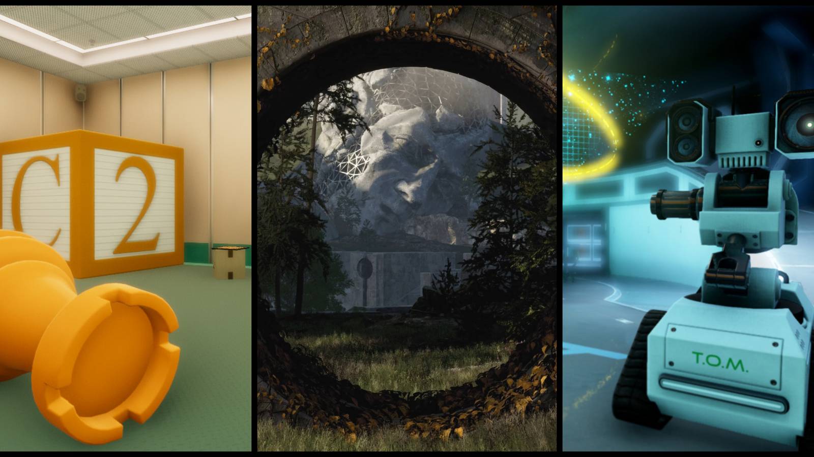 Pictures from Superliminal, The Talos Principle 2, and The Turing Test