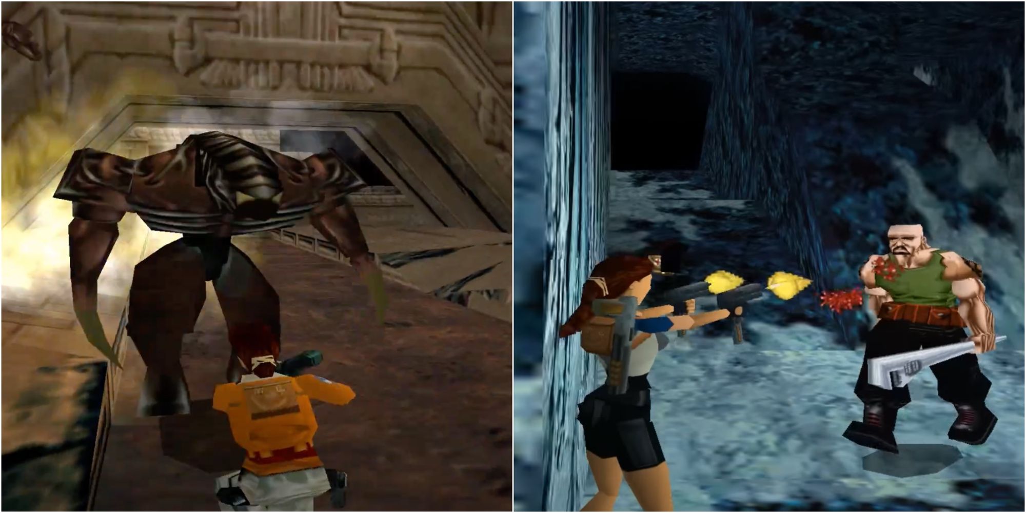 Lara shooting at a mutant and a man with a wrench 
