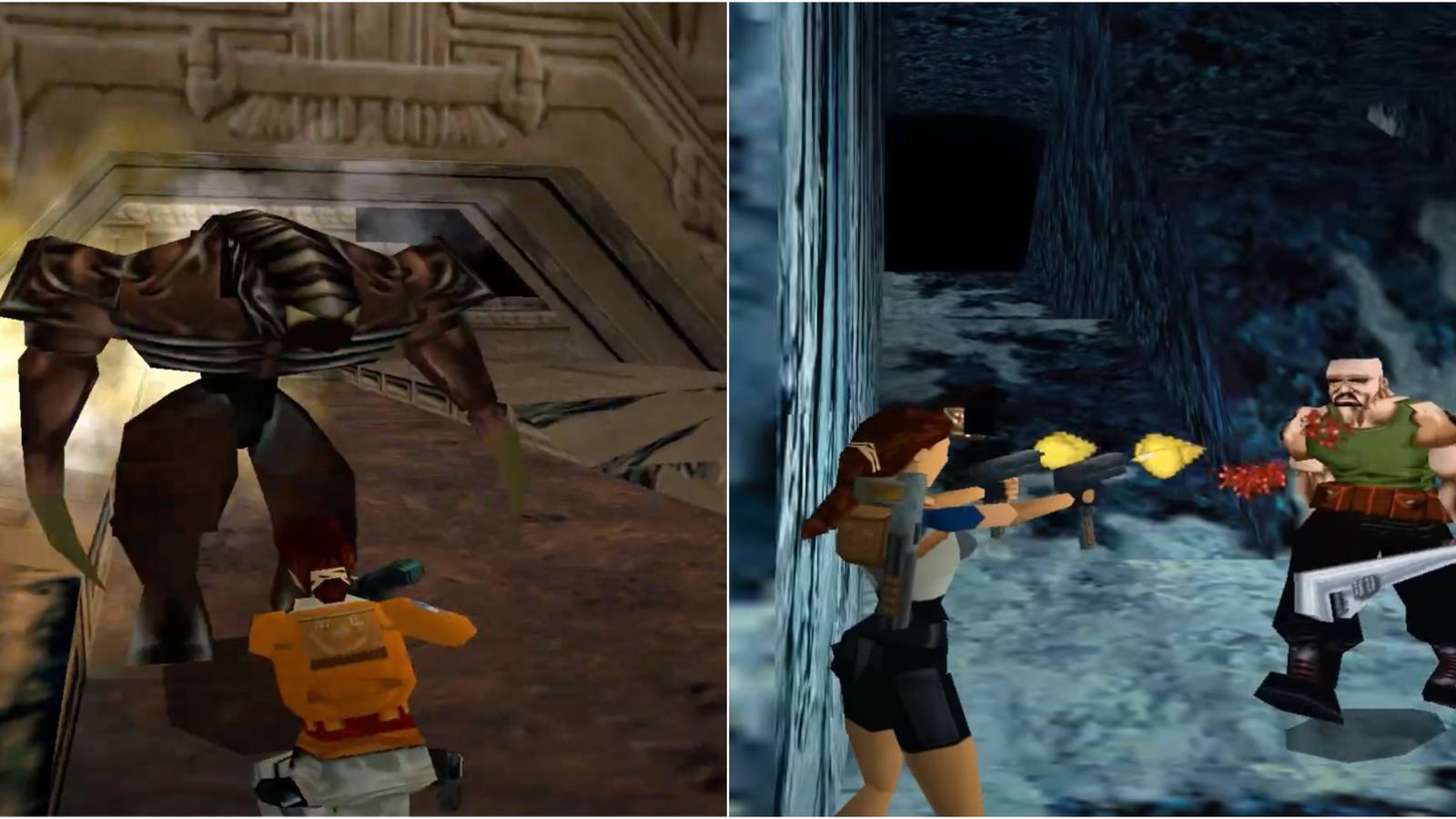 Lara shooting at a mutant and a man with a wrench 