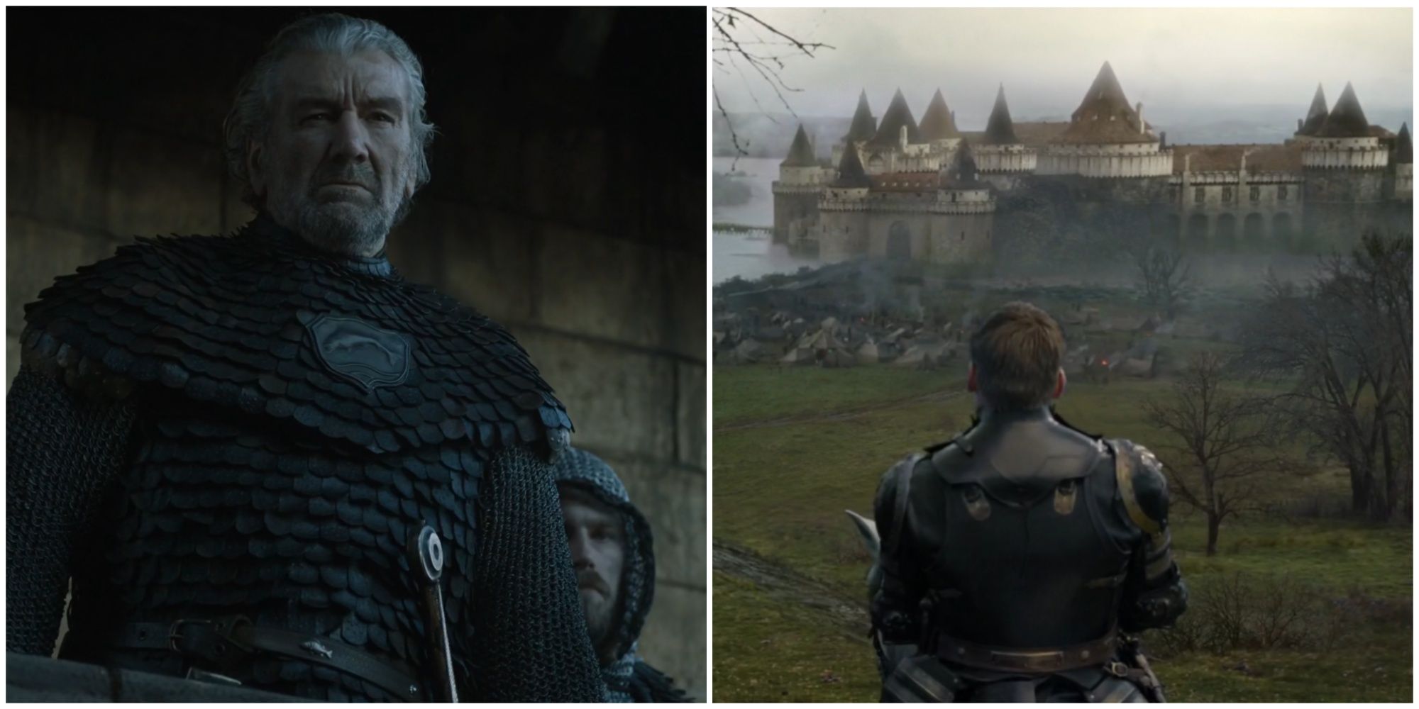 Split image of Brynden Tully and Jaime Lannister outside Riverrun in Game of Thrones.