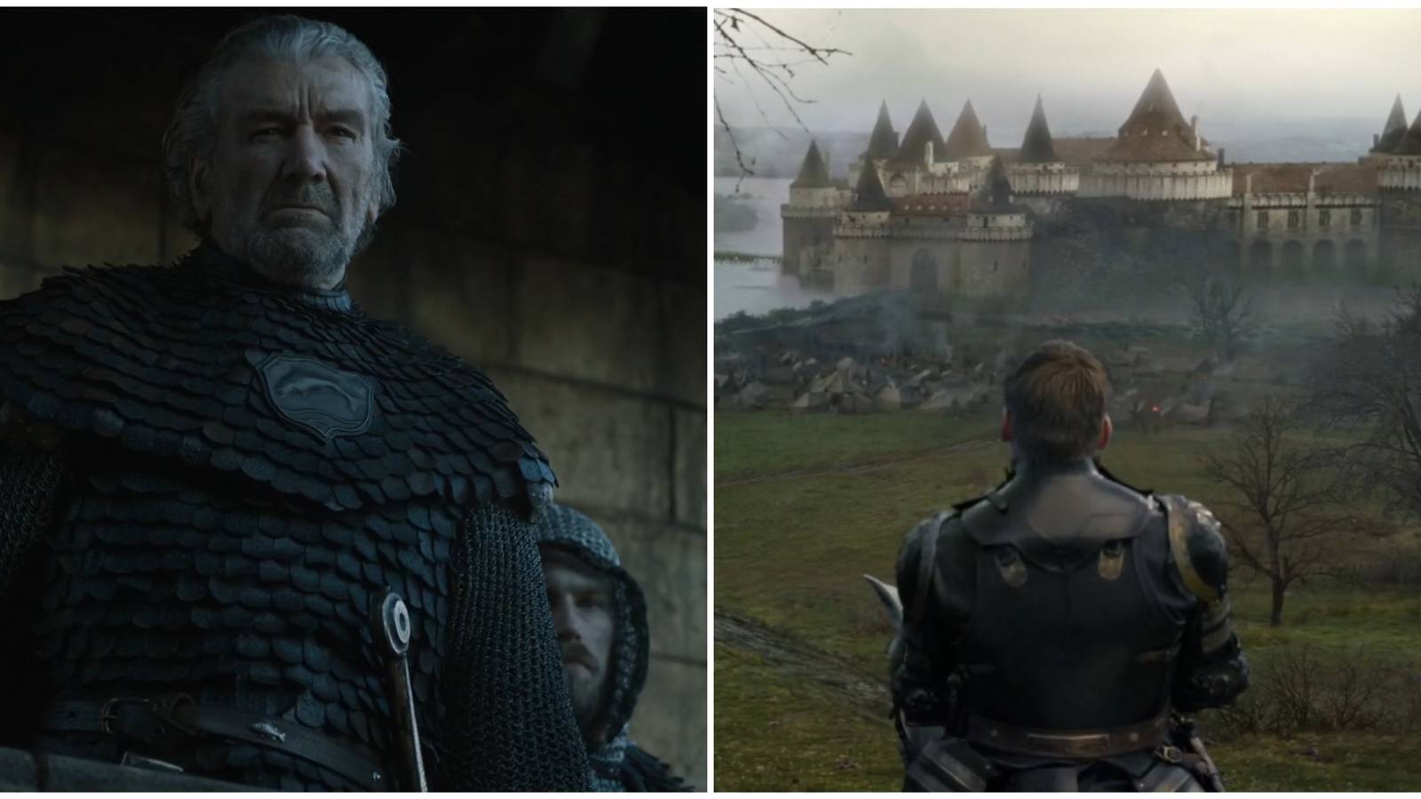 Split image of Brynden Tully and Jaime Lannister outside Riverrun in Game of Thrones.