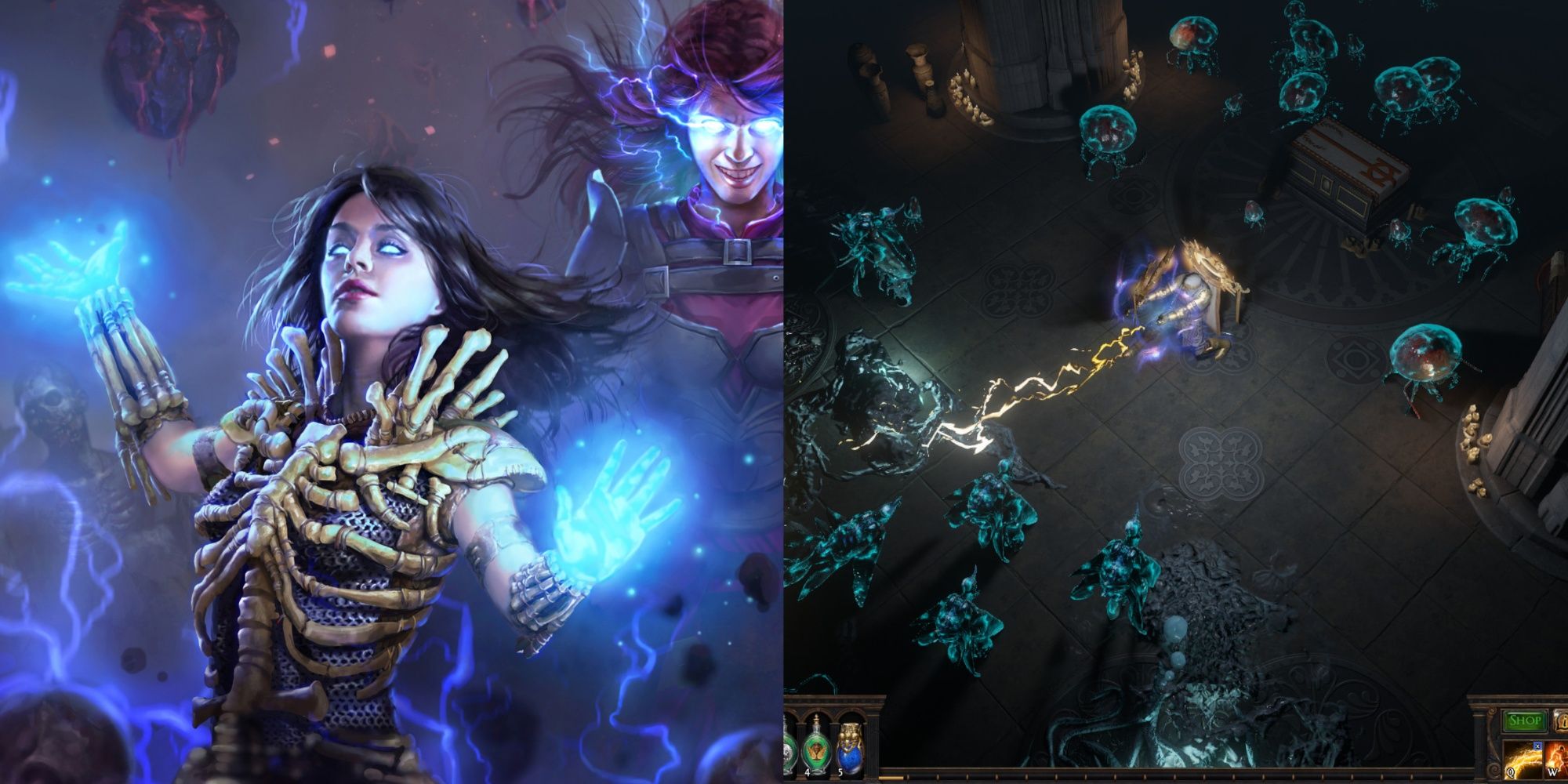 Cinematic photo of a Necromancer and in game screenshot of Witch gameplay