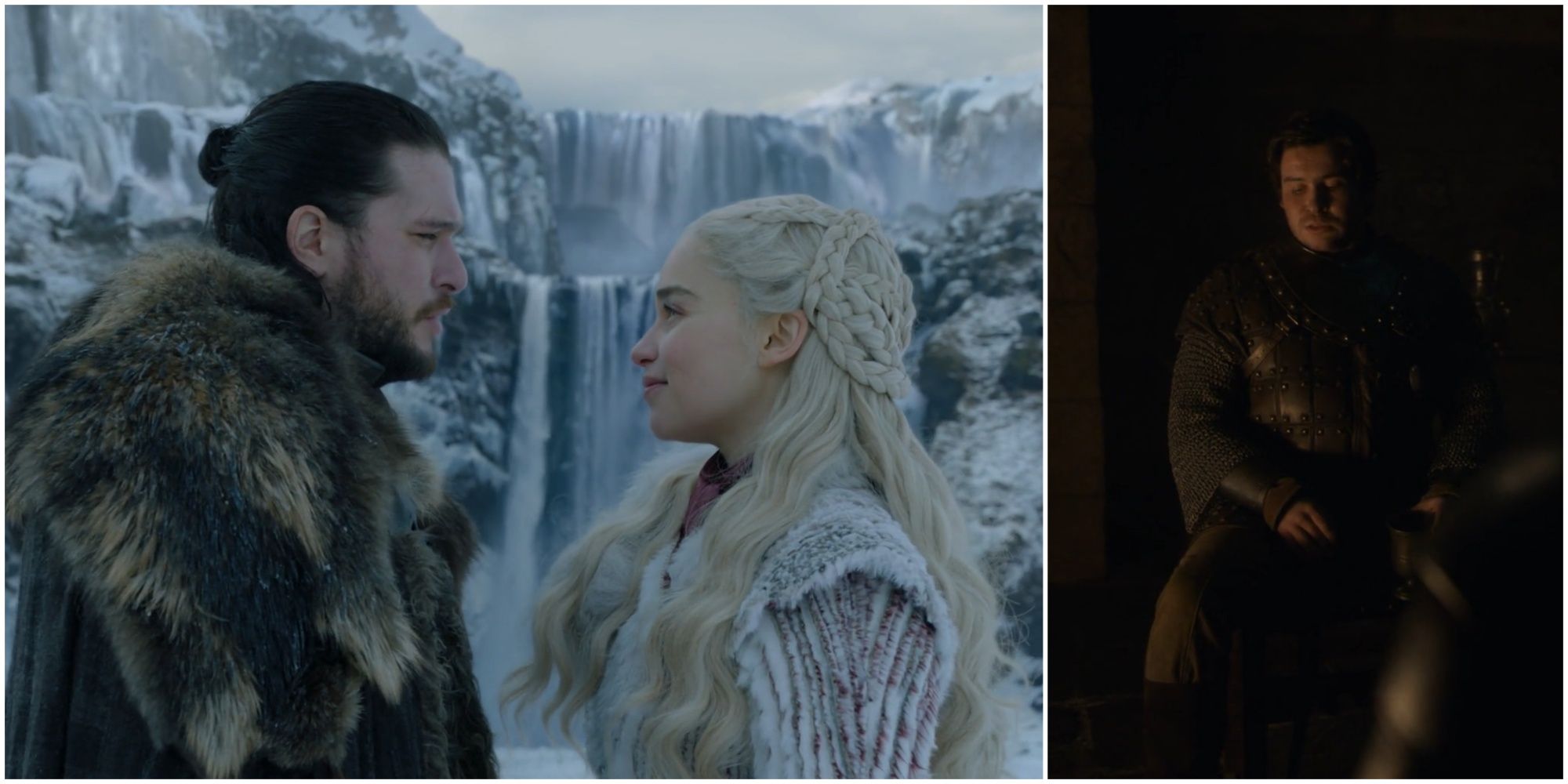 Split image of Jon Snow Daenerys Targaryen and Podrick singing Jenny's Song in Game of Thrones.