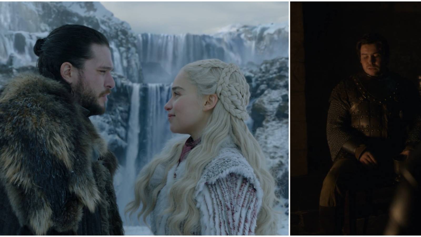 Split image of Jon Snow Daenerys Targaryen and Podrick singing Jenny's Song in Game of Thrones.