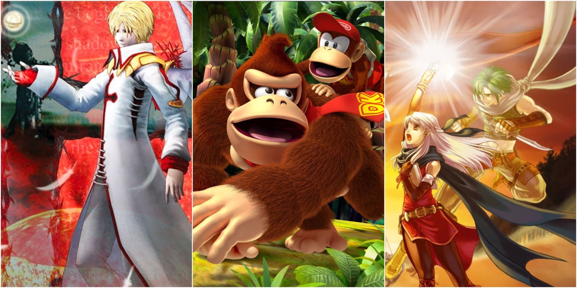 Split image of Baroque, Donkey Kong Returns, and Fire Emblem Radiant Dawn box art
