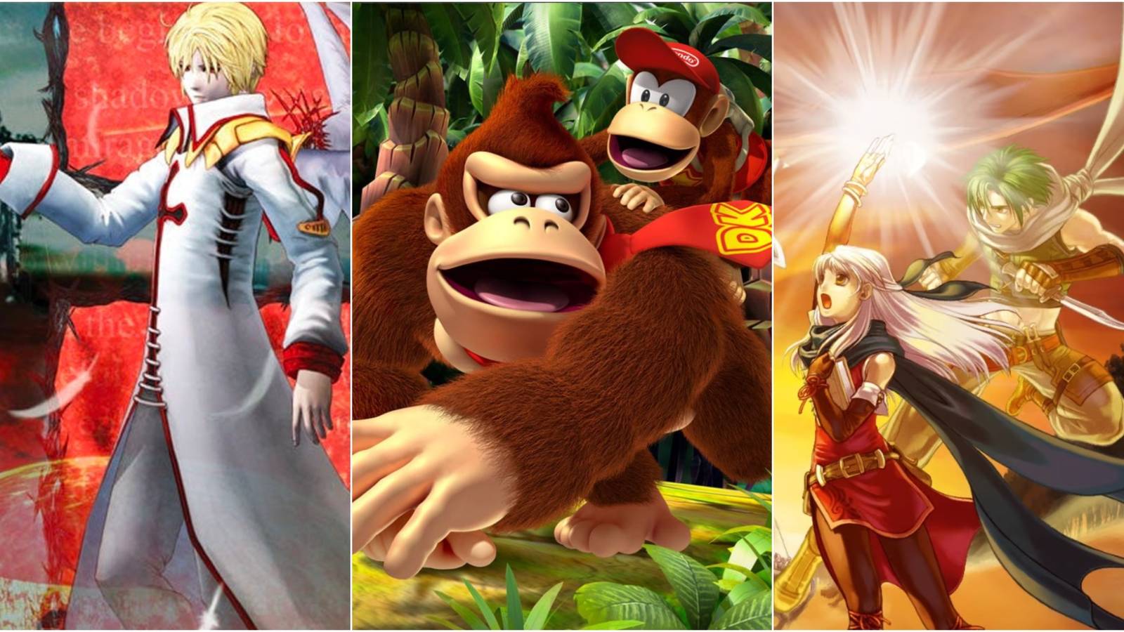 Split image of Baroque, Donkey Kong Returns, and Fire Emblem Radiant Dawn box art