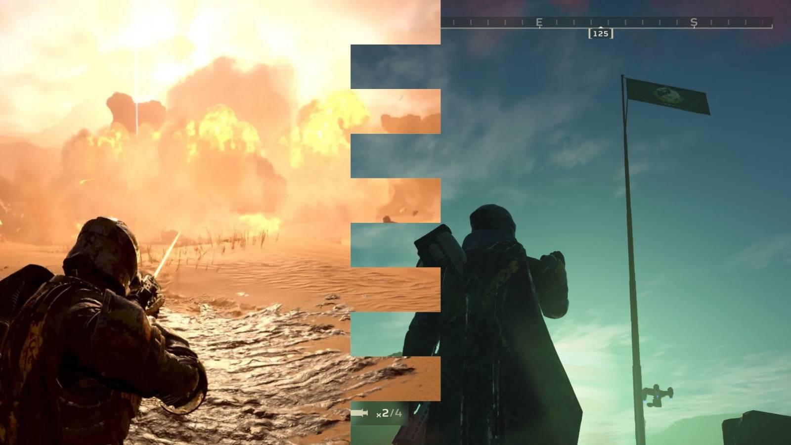 Split image of a helldiver shooting at aliens with another helldiver saluting the flag