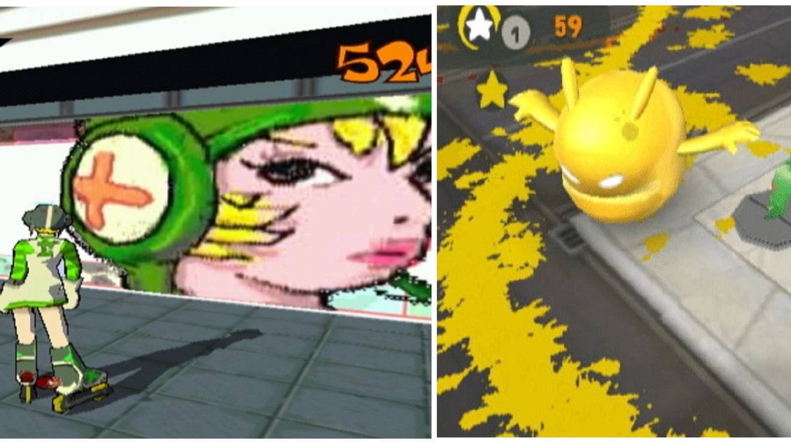 Left: A woman in rollerblades standing in front of a mural of a young girl wearing a helmet. Right: A smiling, yellow blob trailing yellow paint on a street.