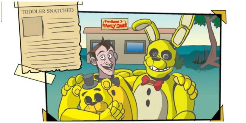 A photograph of two characters in yellow bunny suits from Five Nights At Freddy's