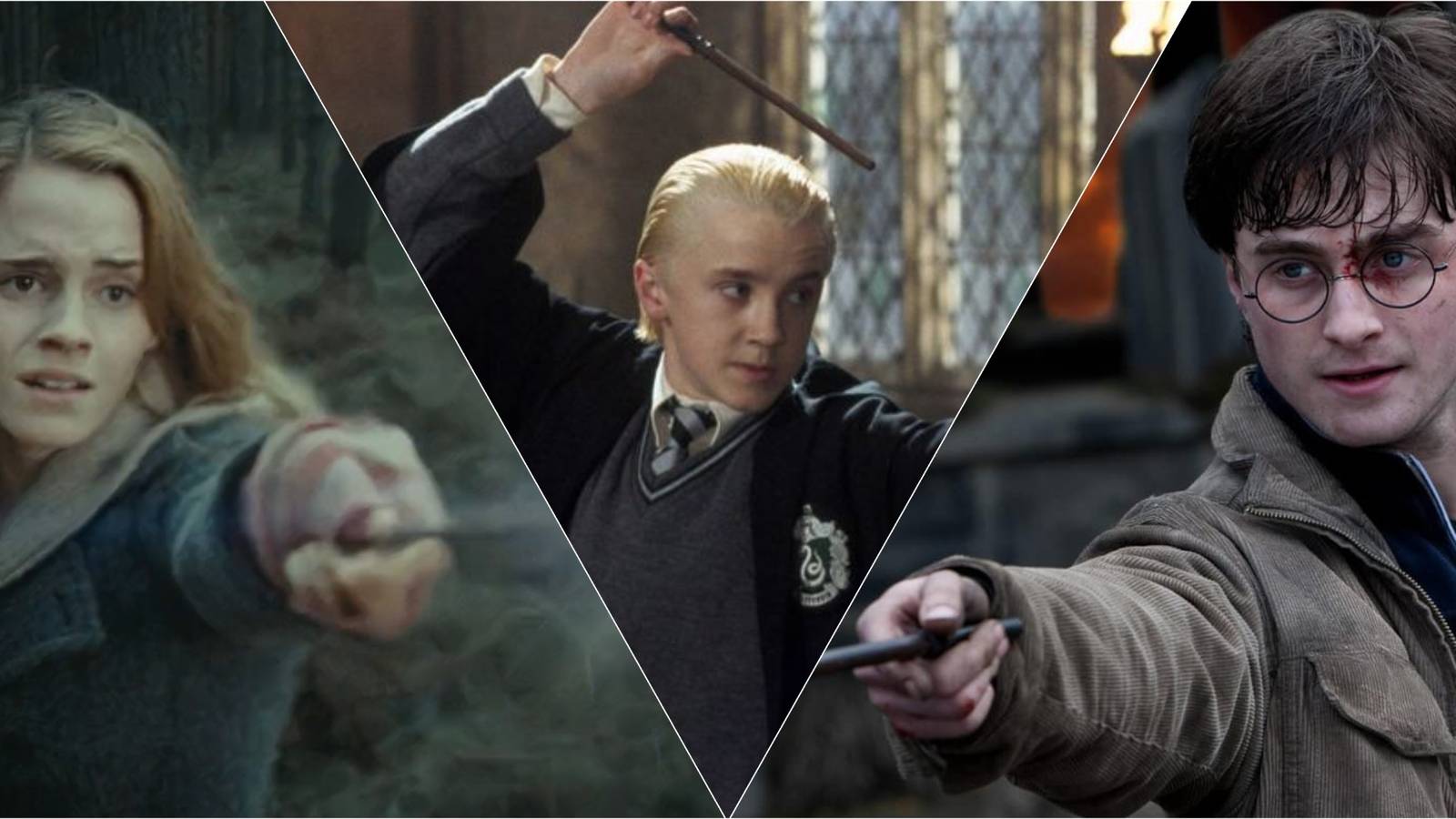 Hermione Granger, Draco Malfoy and Harry Potter pointing their wands