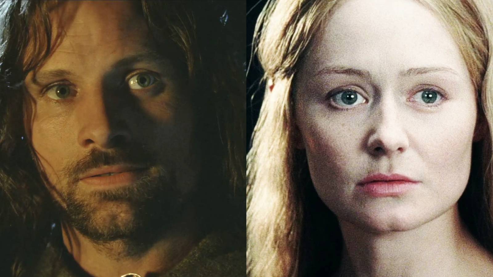 A split image of Aragorn and Eowyn