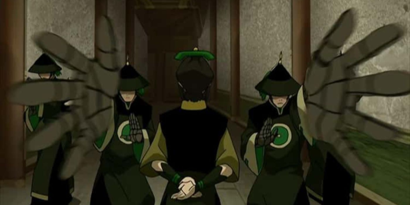 The Dai Li using their earthbending restraints to capture Team Avatar in Avatar: The Last Airbender