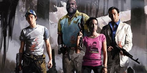 Left 4 Dead 2 characters standing next to each other in a swamp
