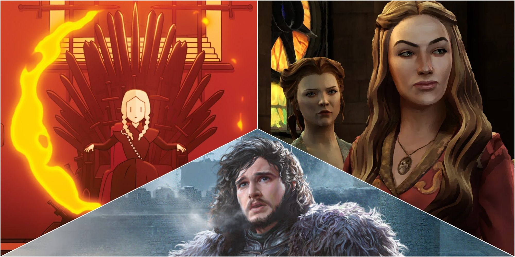 Reigns: Game of Thrones with Daenerys Targaryen on the Iron Throne, Game of Thrones: Winter is Coming with Jon Snow, and Telltale Games Game Of Thrones with Margaery Tyrell and Cersei Lannister
