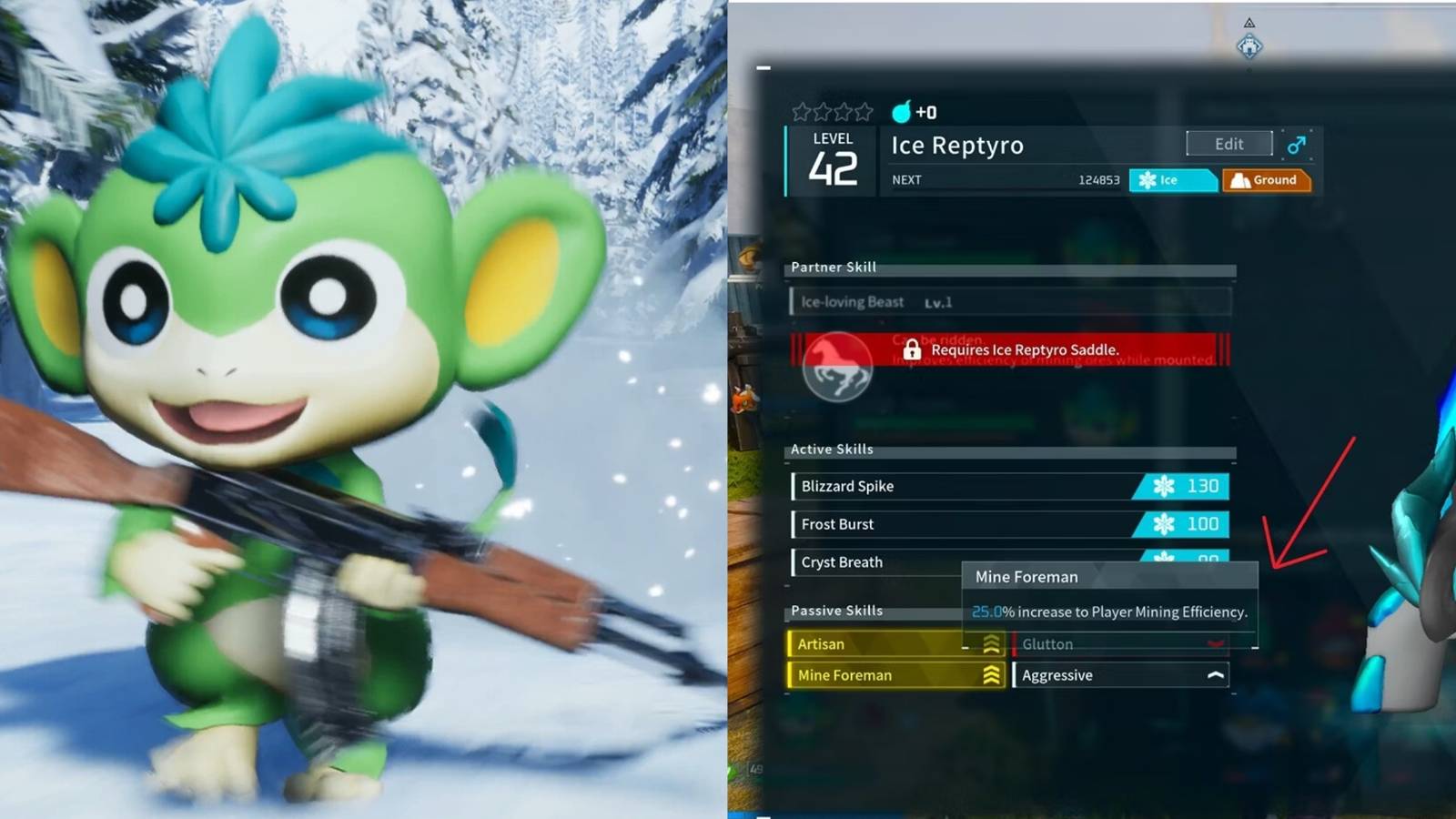 Palworld Pal holding weapon and Pal stat screen showing passive section