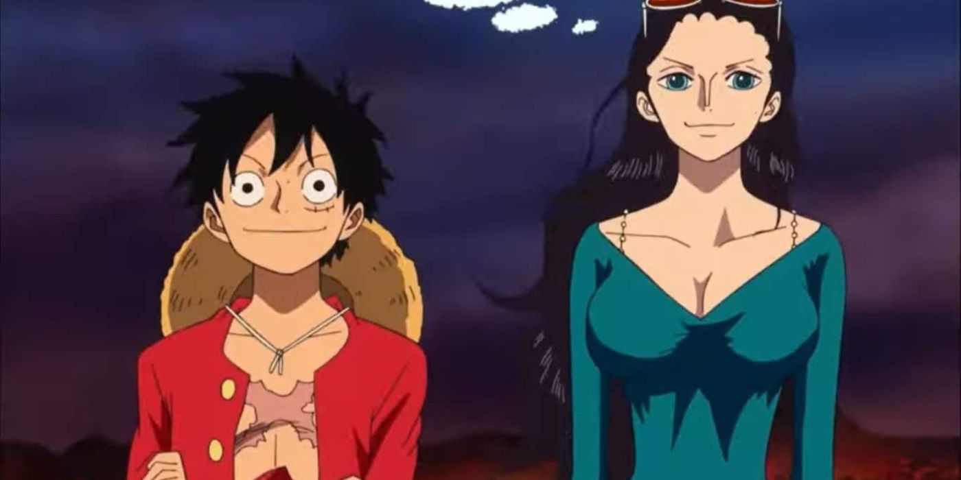 Nico Robin and Luffy smiling together on Punck Hazard in One Piece