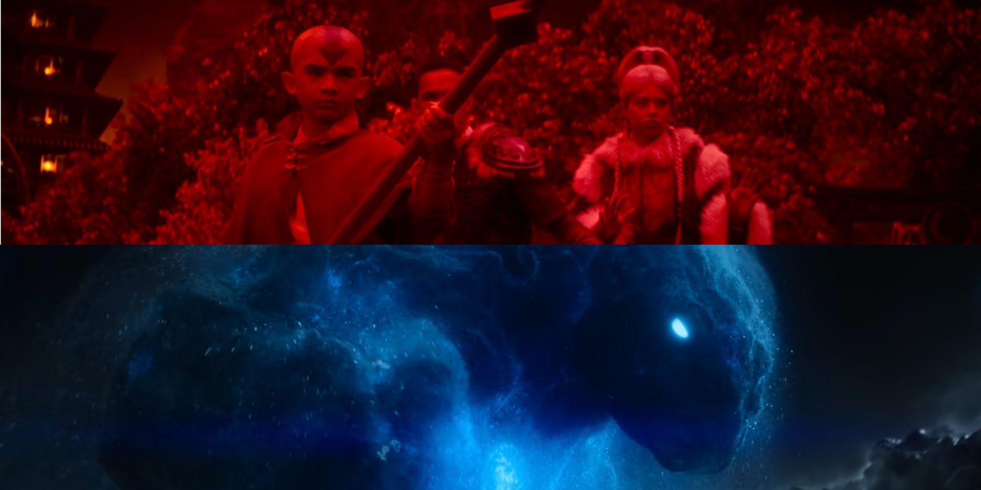 A red image from Avatar: The Last Airbender on top of a blue image of a water spirit
