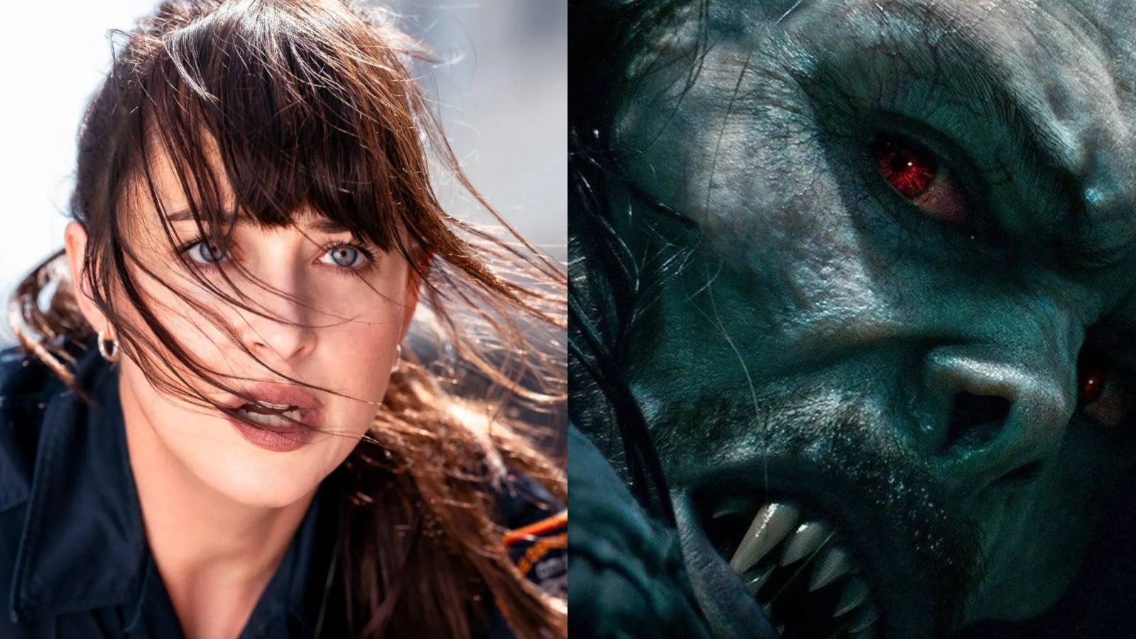 Madame Web in a paramedic outfit and Morbius close up Split Image