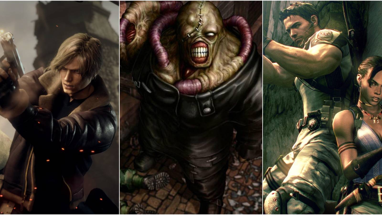 Split image Leon with gun in Resident Evil 4 Remake, Nemesis art from Resident Evil 3: Nemesis, and Chris Redfield and Sheva Alomar from Resident Evil 5