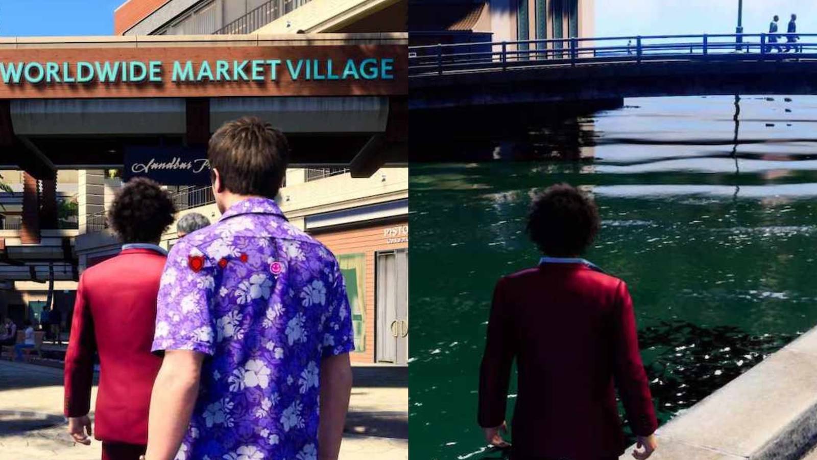 Worldwide market village on the left, Bridge on the right